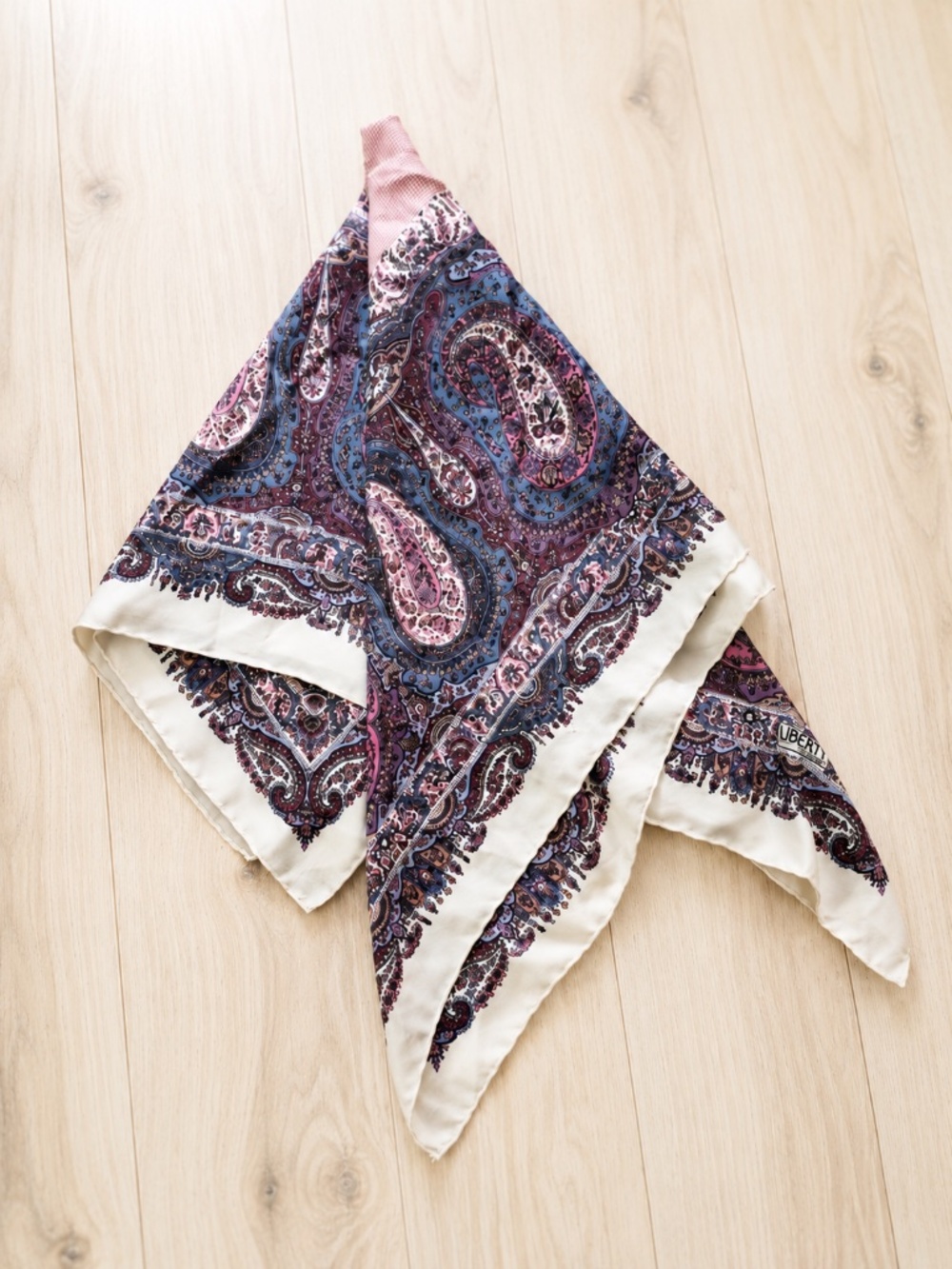 Vintage: Liberty of London Purple and Blue Paisley Silk Scarf with Cream Border